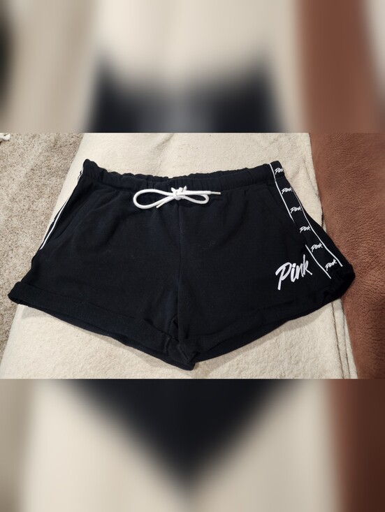 PINK Victoria's Secret Pants - PINK Victoria's Secret Black Athletic Drawstring Logo Stripe Tape Shorts Lg